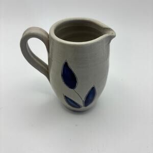 Handmade Studio Pottery Mini Creamer Pitcher Blue Leaf Rustic Ceramic